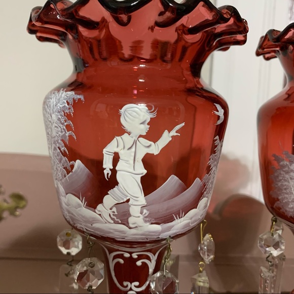 Victorian Mary Gregory Cranberry Glass Mantle LUSTRE Vases - Picture 2 of 11